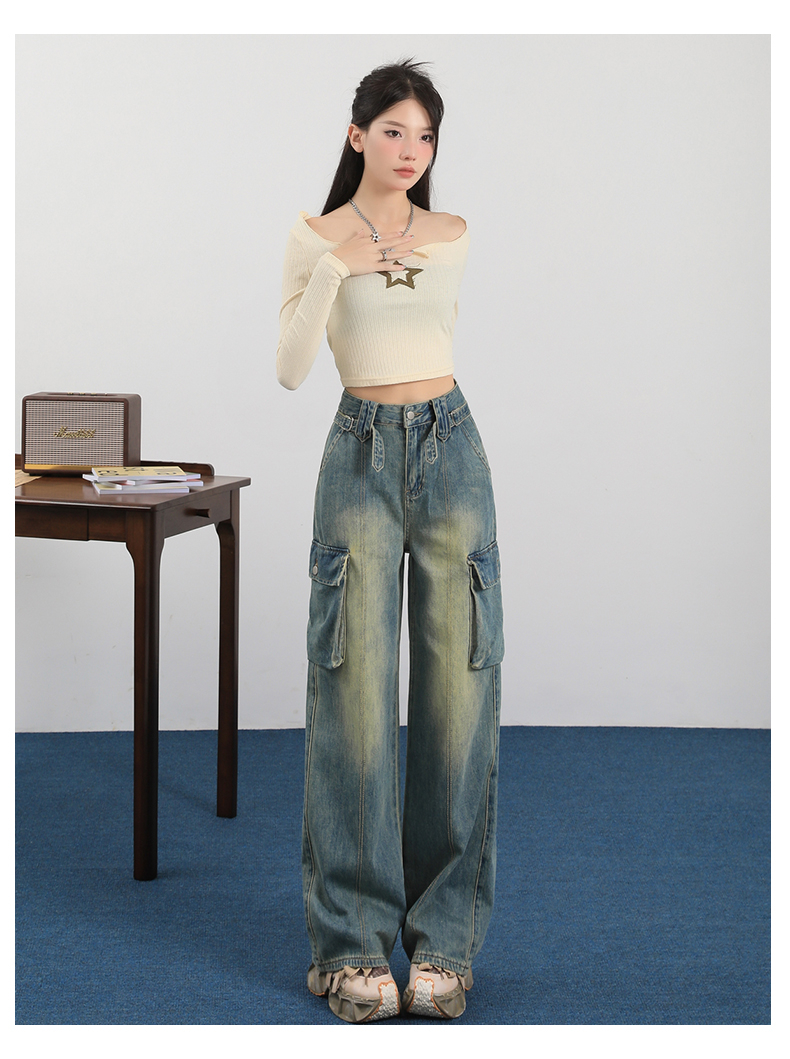 Actual shot of 2024 early spring new workwear jeans for women, high-waisted, loose, American hottie straight-leg wide-leg pants