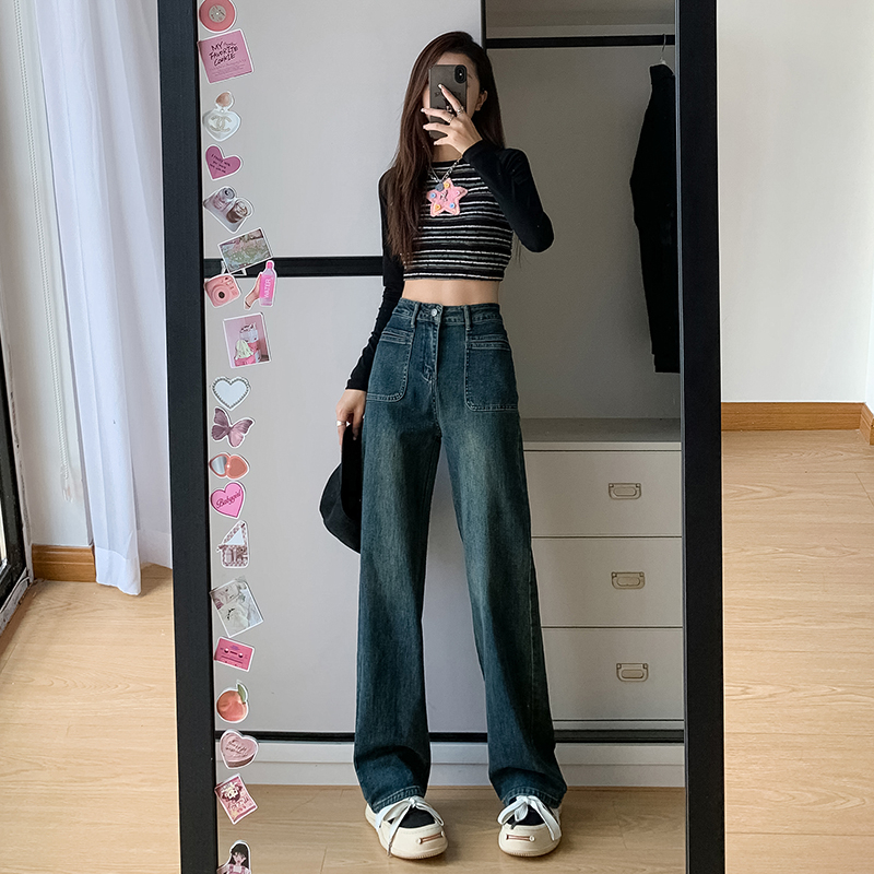 Actual shot of 2024 early spring new jeans for women, slim stretchy straight design, narrow wide-leg pants