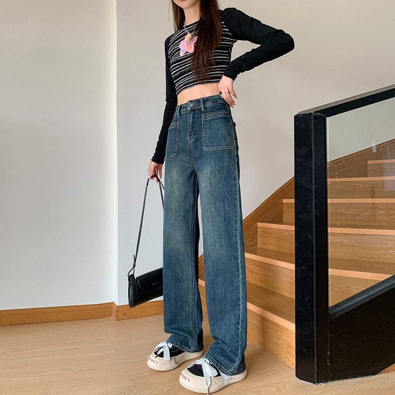 Actual shot of 2024 early spring new jeans for women, slim stretchy straight design, narrow wide-leg pants