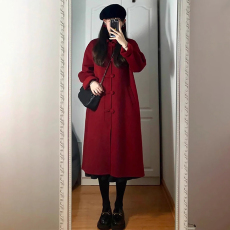 红色大衣女秋冬季高级感2023新款爆款赫本风小个子中长款毛呢外套