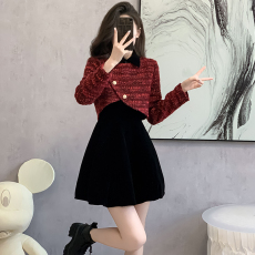 批发小香风花苞裙高级感拼接丝绒连衣裙女秋冬季新款假两件甜美<b class='q'>高腰</b>裙