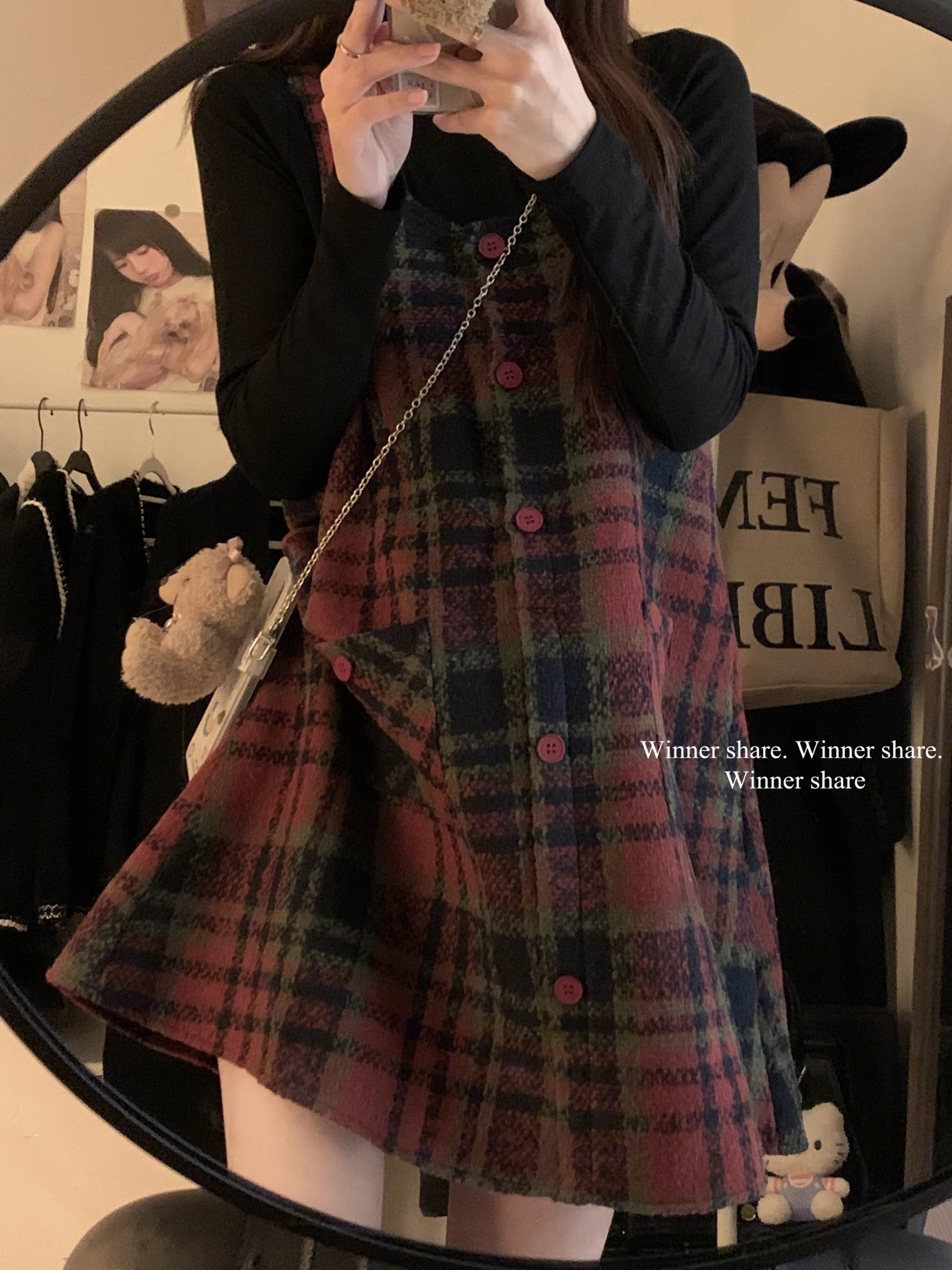 Actual shot ~ Festive atmosphere New Year red plaid tank top sweet and cute woolen dress