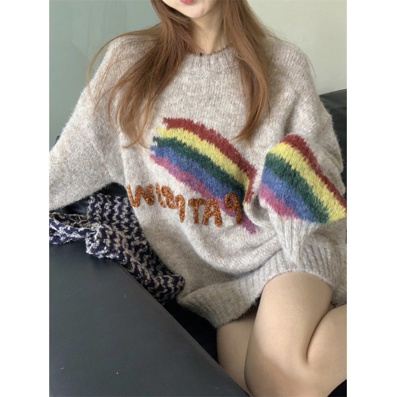Three-dimensional rainbow letters loose soft waxy sweater for women winter 2023 new versatile slim long-sleeved sweater top