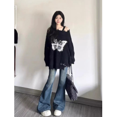 批发软糯<b class='q'>日系</b>蝴蝶结慵懒风宽松毛衣女士秋冬新款设计感破洞针织衫上衣