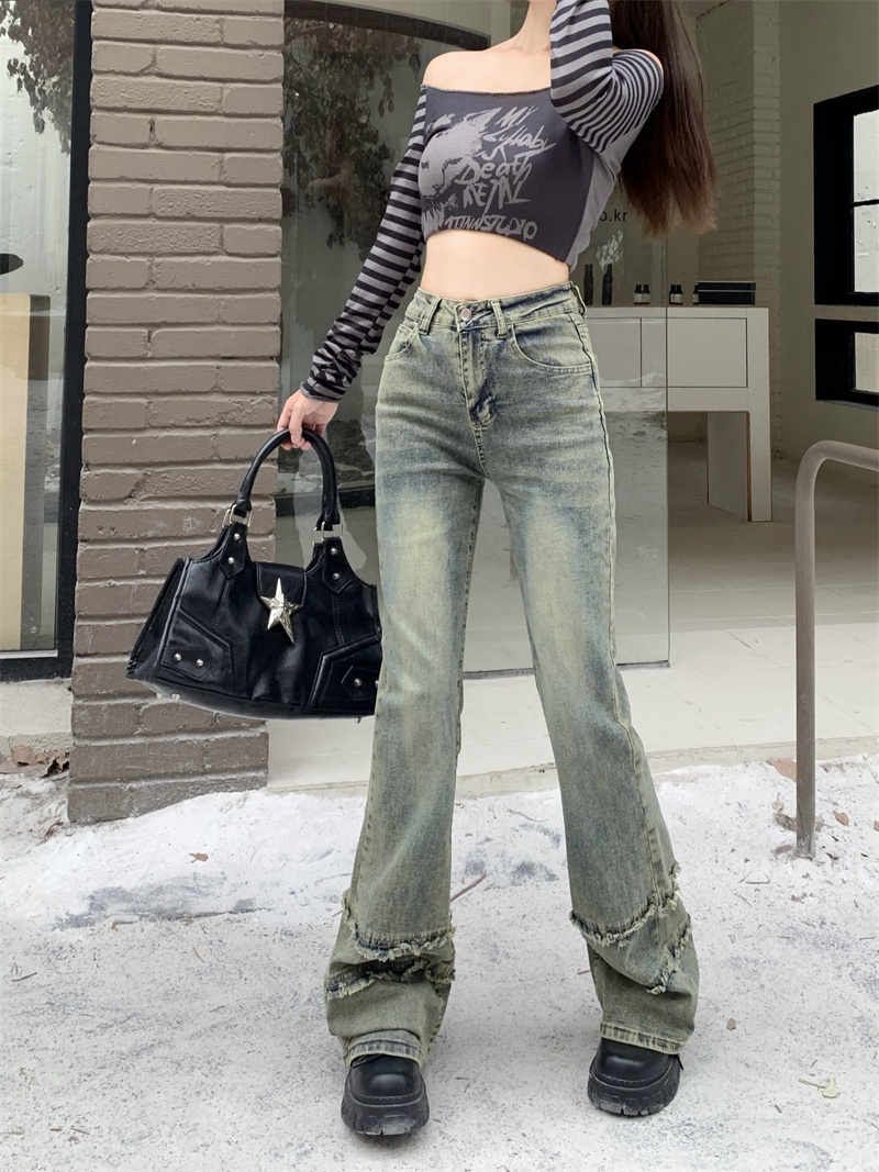 Real shot!  Micro-flare retro jeans, high-waisted design, new raw edge trousers, slim trousers, flared trousers