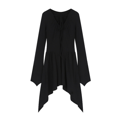 Designed irregular strap V-neck pleated long-sleeved dress women's winter temperament short skirt