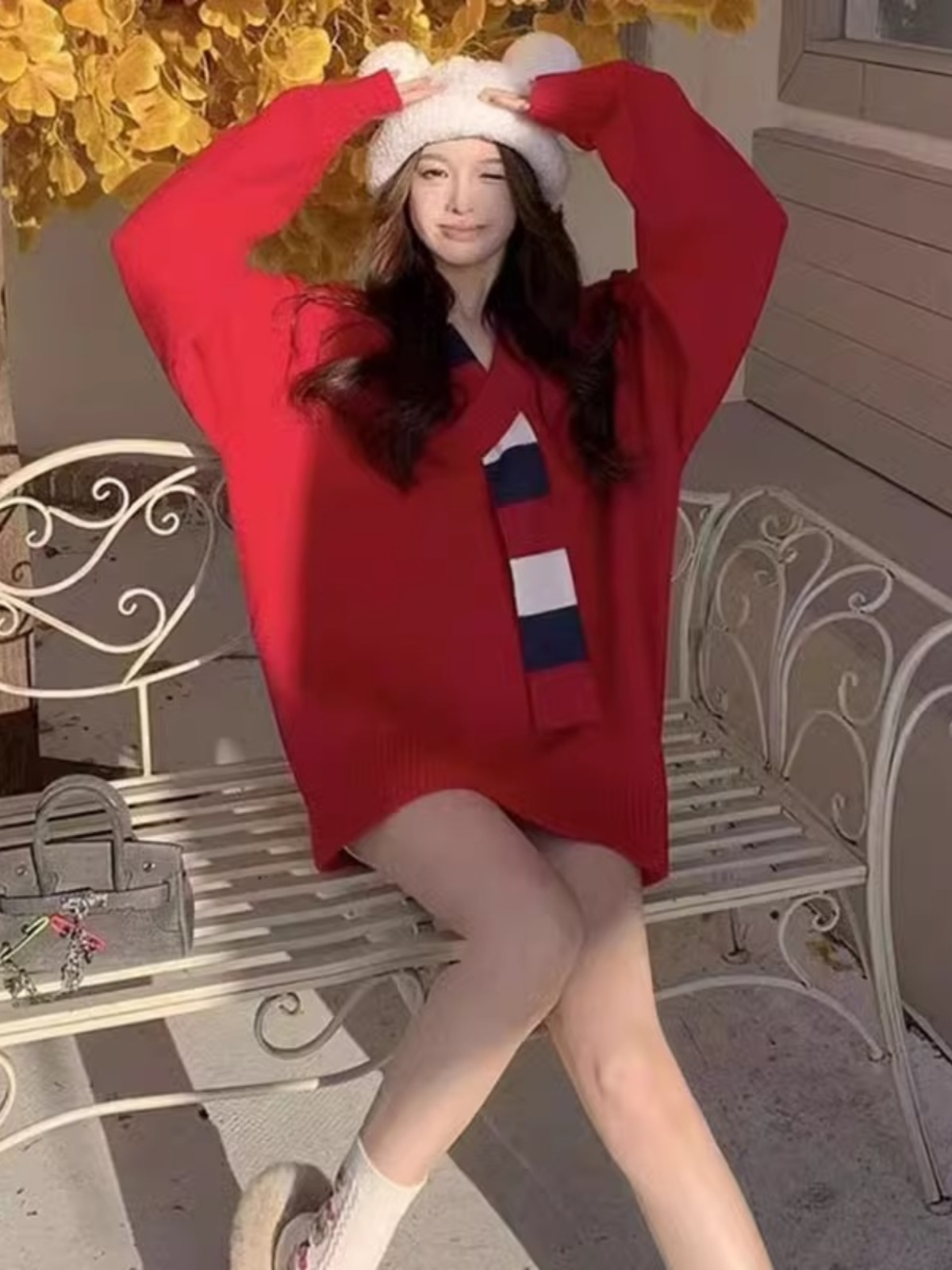 New Year's Red Scarf Collar Sweater Women's 2023 Autumn and Winter Mid-Length Lazy Style Sweater Soft Waxy V-Neck Pullover Top