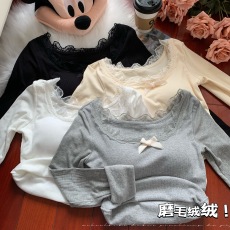 批发实拍实价纯欲辣妹U领带胸垫上衣女秋冬长袖<b class='q'>t</b>恤蕾丝打底衫保暖内搭