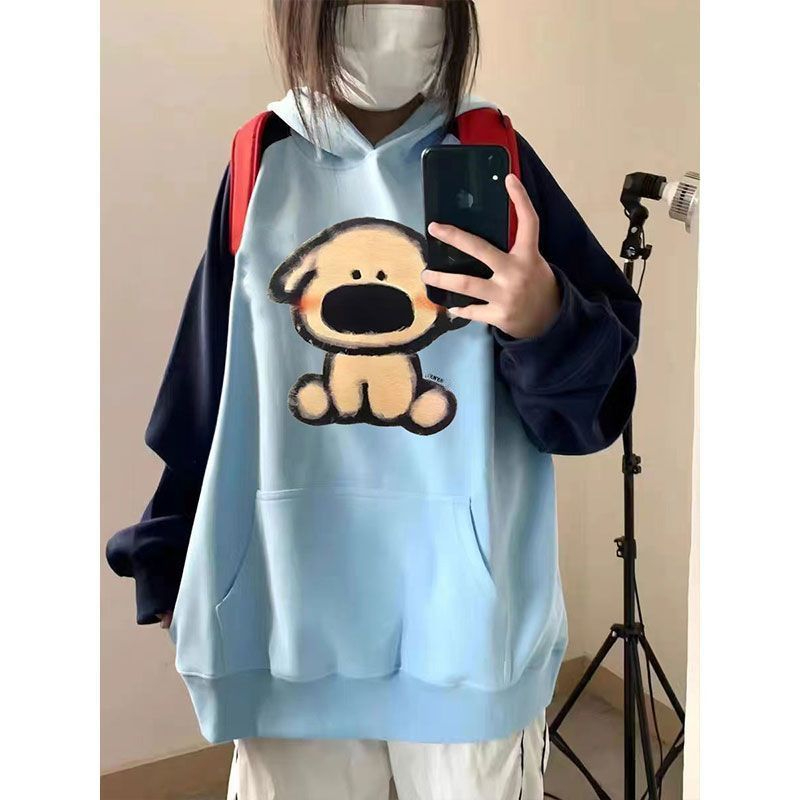 Super popular raglan sleeve sweatshirt for women spring and autumn  new style printed round neck stitching contrasting colors loose and slimming