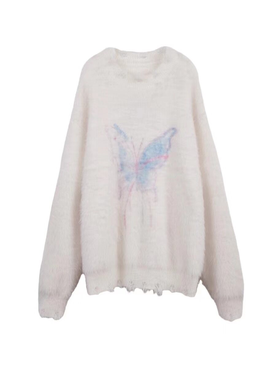 Noisy Home Butterfly Sweater Women's Autumn and Winter Loose Lazy Wind Holed Tassel Design Niche Jacket Top