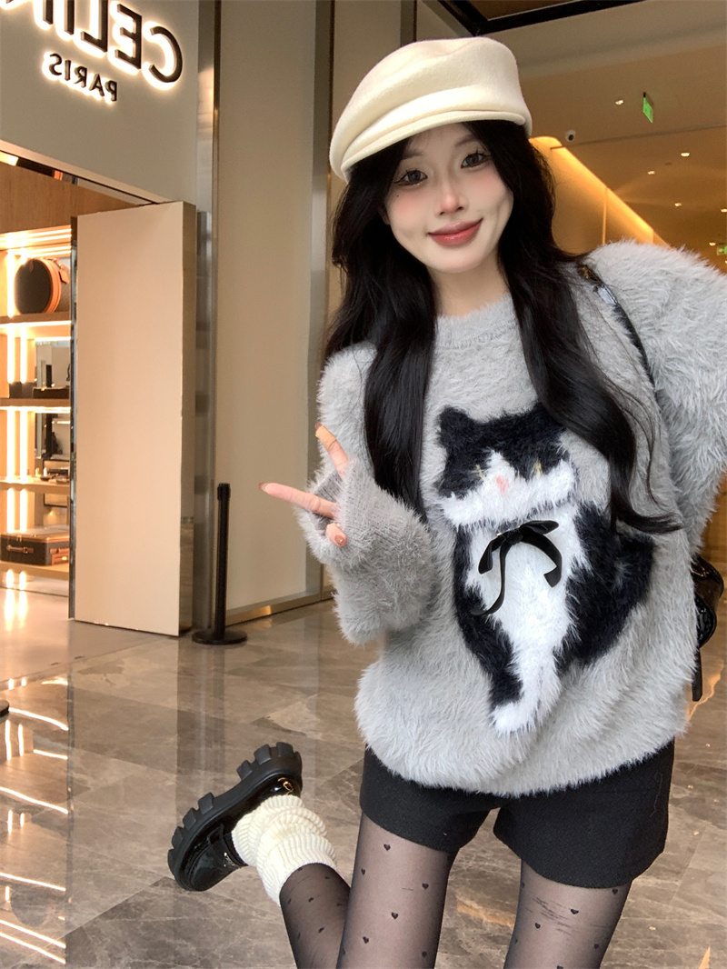 Real shot of imitation mink bow sweet style sweater for women in autumn and winter lazy style pullover knitted top