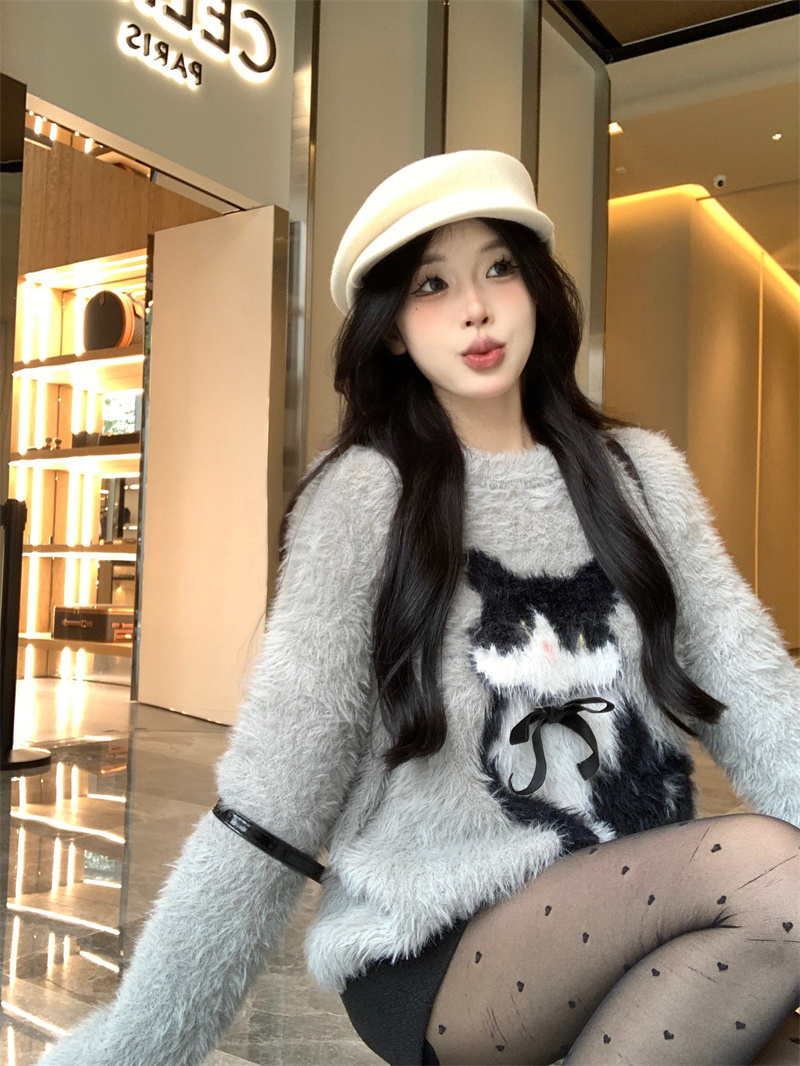 Real shot of imitation mink bow sweet style sweater for women in autumn and winter lazy style pullover knitted top