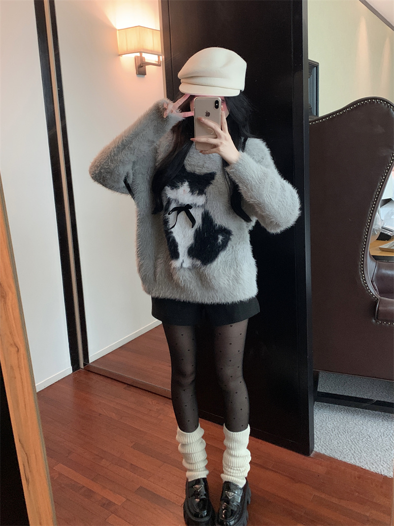 Real shot of imitation mink bow sweet style sweater for women in autumn and winter lazy style pullover knitted top