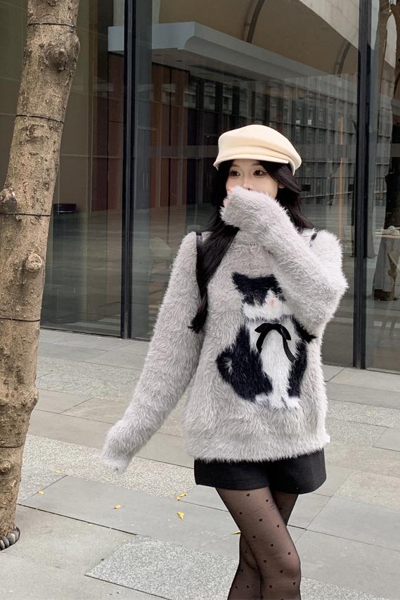 Real shot of imitation mink bow sweet style sweater for women in autumn and winter lazy style pullover knitted top