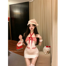 批发实拍实价  雪域精灵可爱毛茸茸格子花边挂脖一字肩包臀短裙