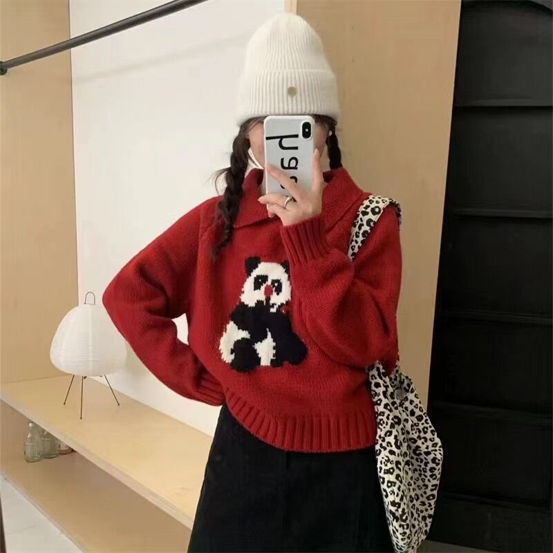 Korean retro small lapel panda short sweater women's autumn and winter design loose soft waxy warm sweater top