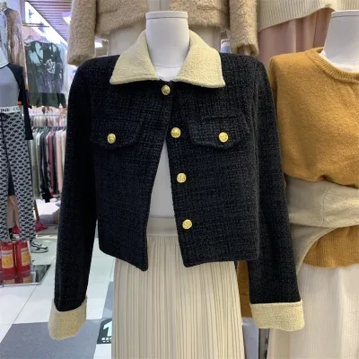 Color-blocked small fragrant style short coat for women  autumn and winter style new fashion high-end temperament tweed top