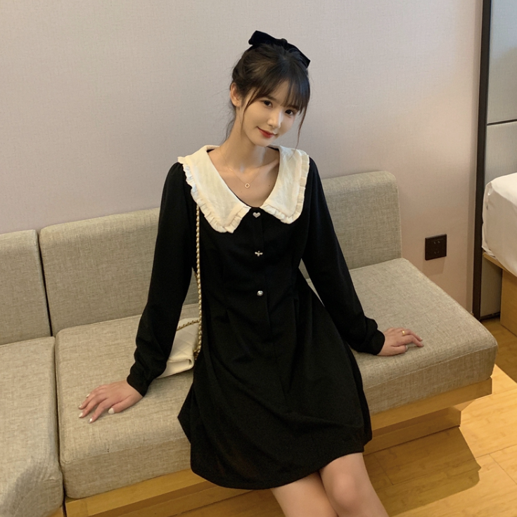 MY16147#大码胖MM娃娃领黑色裙收腰气质连衣裙女裝貨源服裝批發