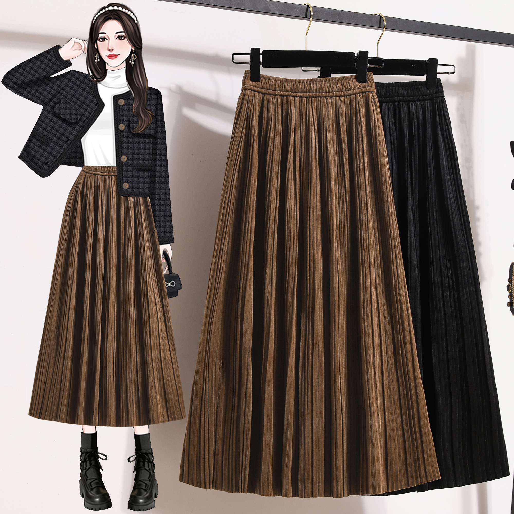 MY14836# 大码女装胖mm高级感丝绒半身裙百搭显瘦遮胯百褶裙女裝貨源...