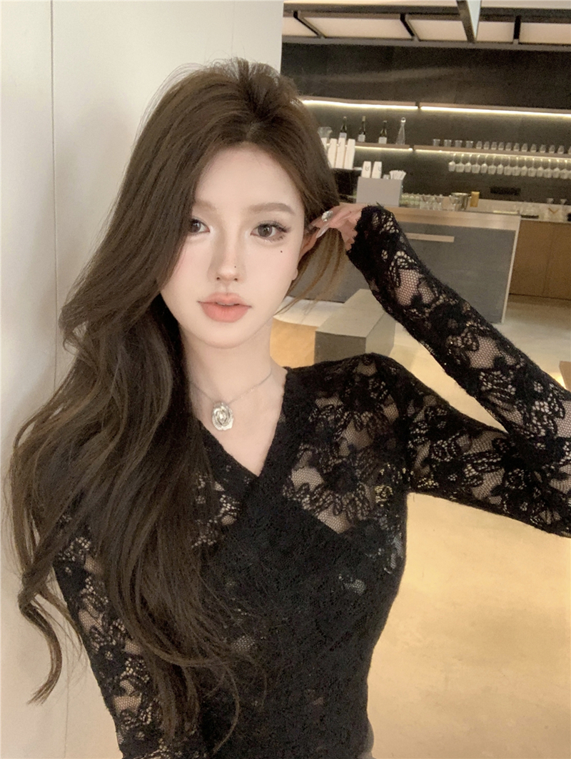 實拍純欲V領性感修身顯瘦微透蕾絲衫打底上衣女