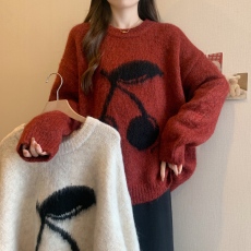 批发实拍胖妹妹大码女装樱桃毛衣慵懒风加厚秋冬季设计感宽松套头上衣