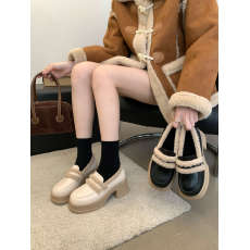 批发追品/日系厚底小皮鞋女2023秋冬加绒保暖百搭英伦风复古乐福鞋