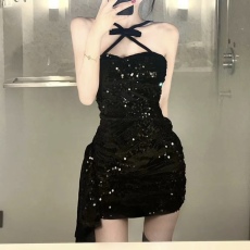 批发闪闪战裙 蝴蝶结辣妹丝绒亮片<b class='q'>拖</b><b class='q'>尾</b>连衣裙女年会聚会氛围裙