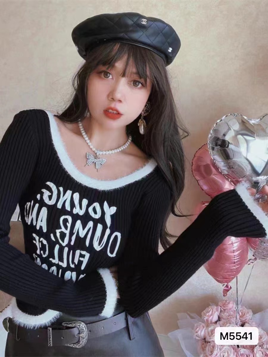復古可愛少女圓領字母印花高腰顯瘦短款毛毛拼色長袖針織衫上衣
