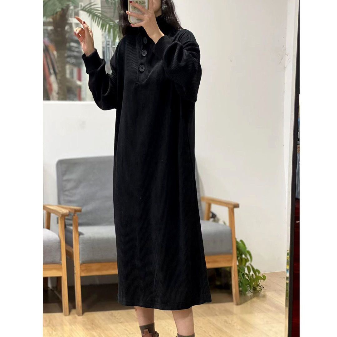 Velvet thickening autumn and winter new Korean style temperament high collar half cardigan mid-length fashionable vertical stripe loose dress for women