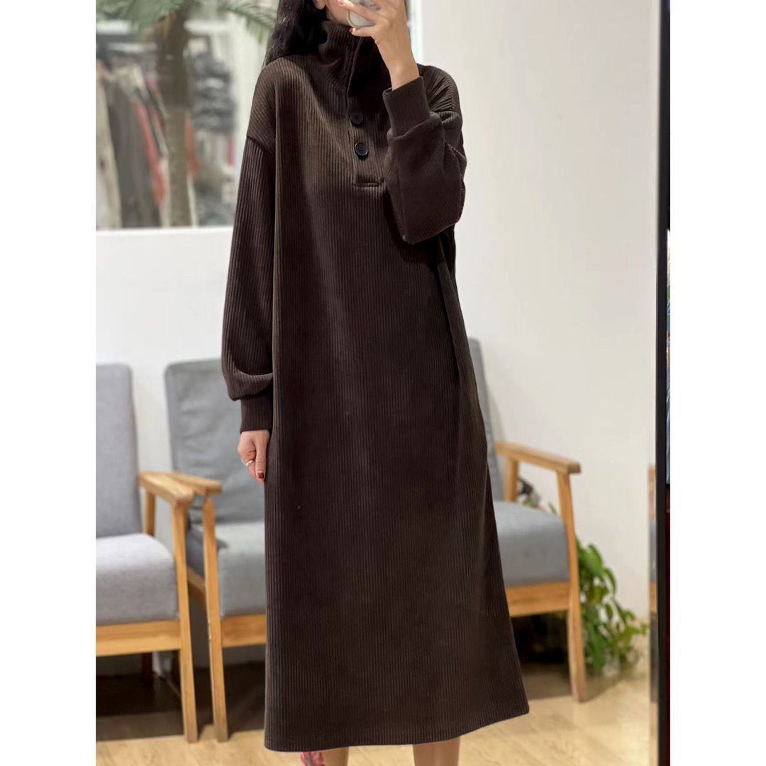 Velvet thickening autumn and winter new Korean style temperament high collar half cardigan mid-length fashionable vertical stripe loose dress for women