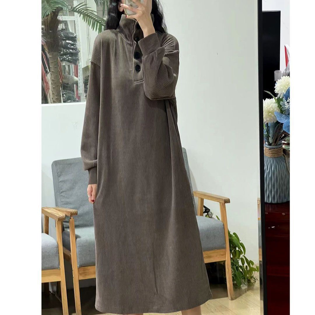 Velvet thickening autumn and winter new Korean style temperament high collar half cardigan mid-length fashionable vertical stripe loose dress for women