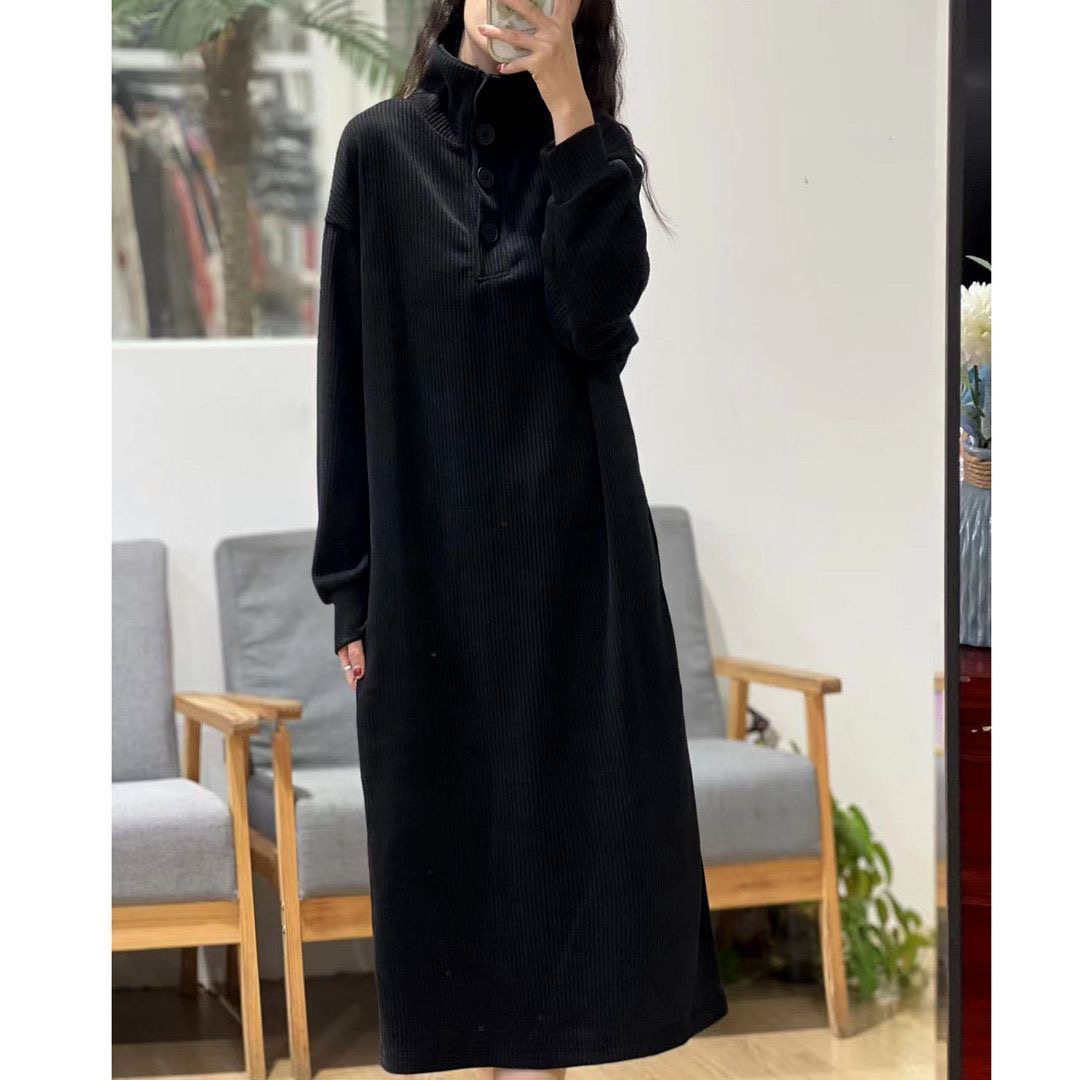 Velvet thickening autumn and winter new Korean style temperament high collar half cardigan mid-length fashionable vertical stripe loose dress for women