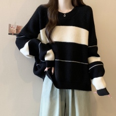 批发实拍~胖MM大码<b class='q'>秋</b>冬慵懒风加厚撞色条纹宽松显瘦针织衫毛衣