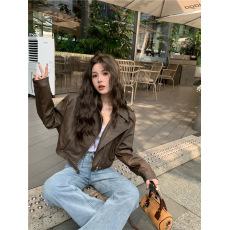 批发欧货翻领短款pu皮外套女2023秋冬新款高级感机车炸街小个子皮夹克