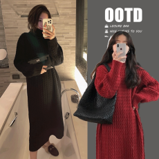 批发大码女装秋冬装<b class='q'>胖</b><b class='q'>mm</b><b class='q'>显瘦</b>针织连衣裙加厚高领麻花慵懒风长袖毛衣