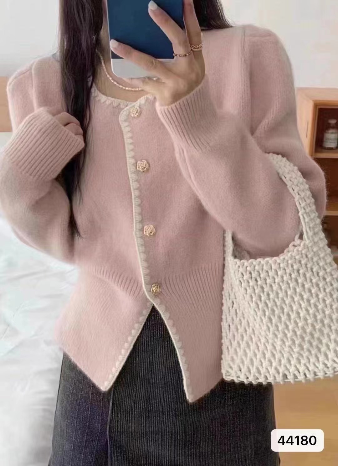  Autumn and Winter New Korean Style Small Fragrance Style Square Neck Embroidered Single-breasted Cardigan Top for Women