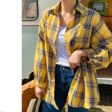 批发韩版春秋大码灯笼袖开衫磨毛格子<b class='q'>衬衫</b>设计感休闲复古防晒衣外套女