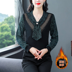 批发秋冬新款加绒加厚洋气小衫女内搭打底衫保暖妈妈高档打底网纱上衣