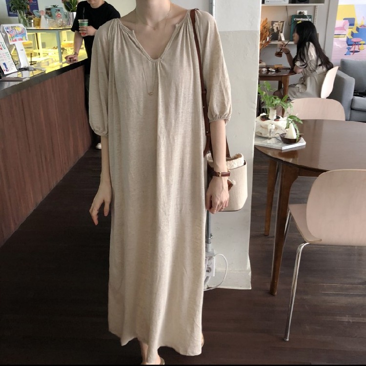 한국 chic 익스트림 제인 느긋한 루즈핏 슬림해 보이는 5 점 소매 업그레이드 휴가 바람 V넥 드레스