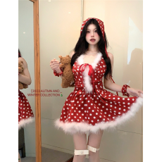 批发实拍  圣诞节四件套收腰玛丽莲梦露红色V领波点蓬蓬裙制服