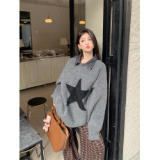 批发实拍  Polo领假两件拼接宽松慵懒星星毛衣套头针织衫