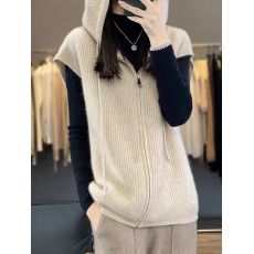 100%纯羊绒拉链连帽针织马甲女秋冬宽松慵懒无袖背心毛衣坎肩外套