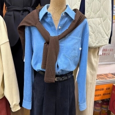 批发韩国东大门2025秋季新款蓝色灯芯绒长袖衬衫宽松休闲显瘦上衣女