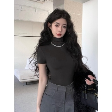 批发实拍实价法式复古半高领高弹内搭加绒<b class='q'>打底衫</b>短袖T恤修身针织上衣