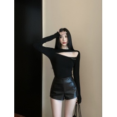 批发实拍实价 纯欲短款针织拉链抓绒上衣+高腰酷辣百搭皮裤休闲短裤