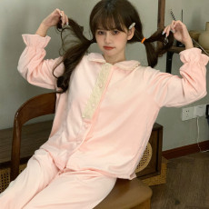 批发海岛绒秋冬季睡衣女甜美网红双面海岛绒加厚保暖家居服套装可外穿