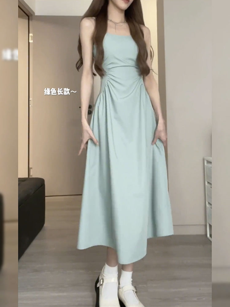 차 휴식 프랑스식 슬립 치마 민소매 벨트 쉬폰 네리 슬림해 보이는 허리 수축 작은 키 여성 드레스