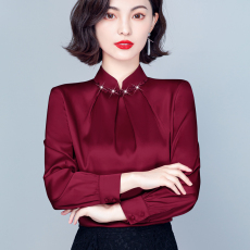 批发实拍仿真丝长袖雪纺<b class='q'>衬衫</b>女春装2026新款立领订珠上衣时尚洋气小衫