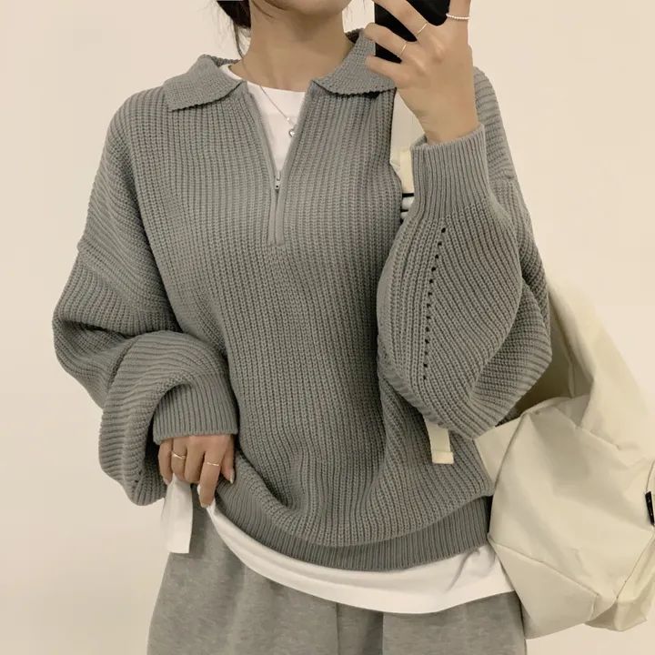지금 재고 있음 빅 사이즈 미니멀리즘 다용도 POLO 칼라 하프 지퍼 느긋한 루즈핏 스웨터 여자 가을 겨울 보온 니트 스웨터