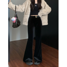 批发实拍实价 新款加绒加厚设计感复古丝绒微喇修身裤高腰马蹄裤